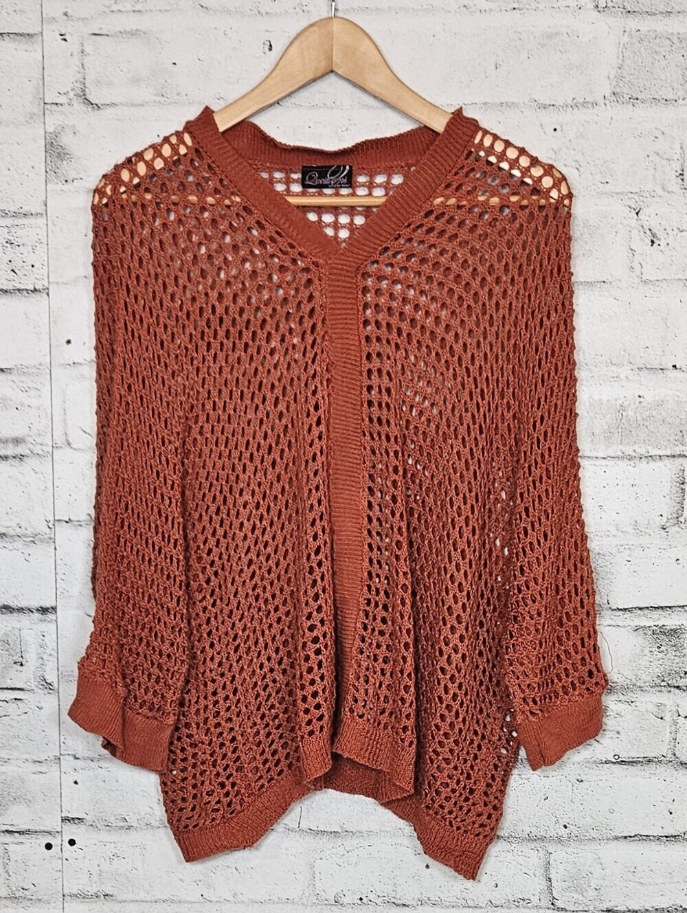 Questions by Say What Open Knit Cardigan Rust Orange Boho Cover Up
